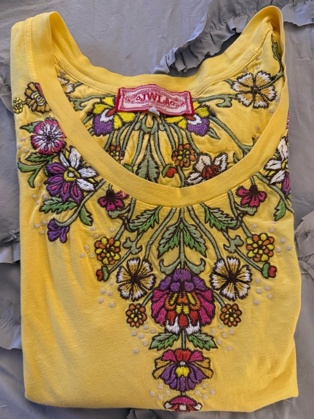 Johnny Was Yellow Scoop Neck Tunic with Multicolor Floral Embroidery